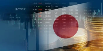 Japanese flag overlaid on stock market data and gold coins, representing Japan’s financial markets and IPO activity.