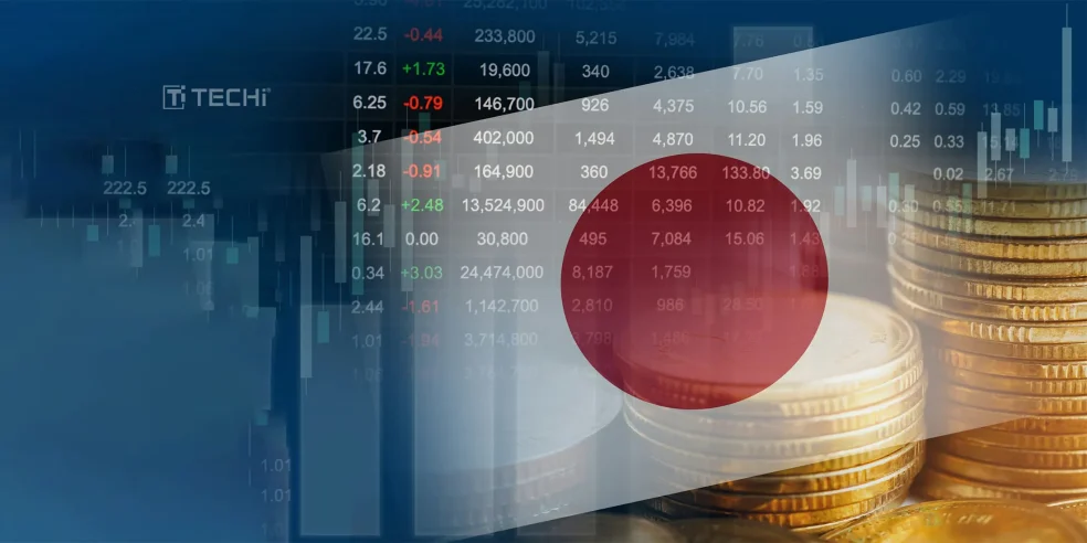 Japanese flag overlaid on stock market data and gold coins, representing Japan’s financial markets and IPO activity.