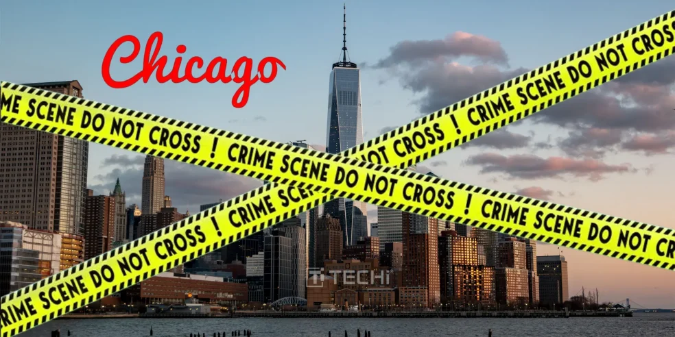 Chicago skyline overlaid with crime scene tape representing the city's failed attempt at predictive policing through data technology.