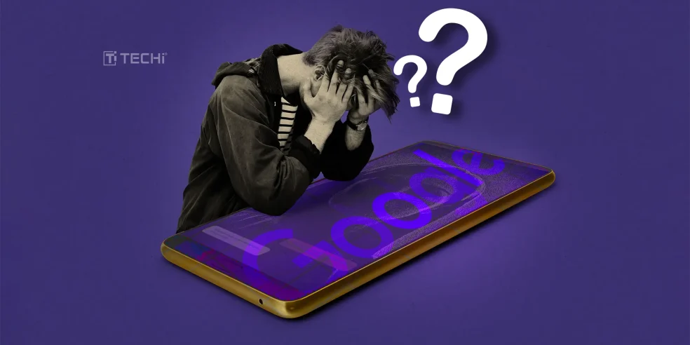 A frustrated user sitting on a giant Google phone with question marks above their head, symbolizing confusion over a discontinued Google feature.