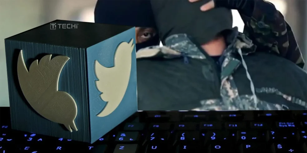 Twitter logo cube placed in front of a masked militant, symbolizing social media’s legal entanglement with terrorism content.