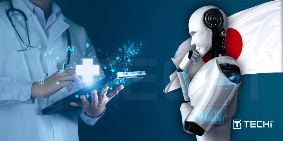AI-powered robot and a doctor analyzing medical data, symbolizing Japan's use of artificial intelligence in elderly care and healthcare solutions.