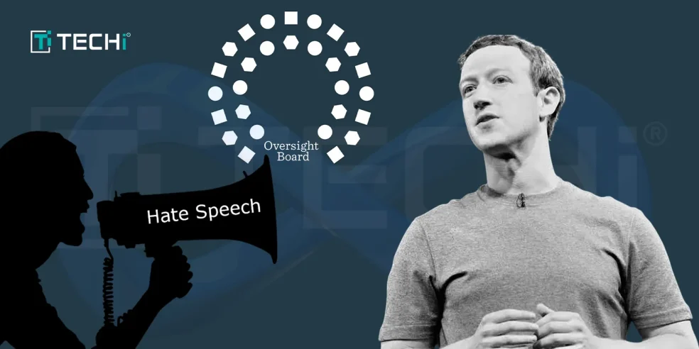Illustration of Mark Zuckerberg with Meta’s Oversight Board reviewing hate speech policies, symbolizing the debate over content moderation on social media.