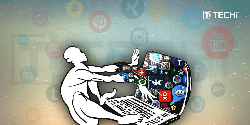 Illustration of a person being pulled into a laptop by social media icons, representing social media addiction and its controlling influence.