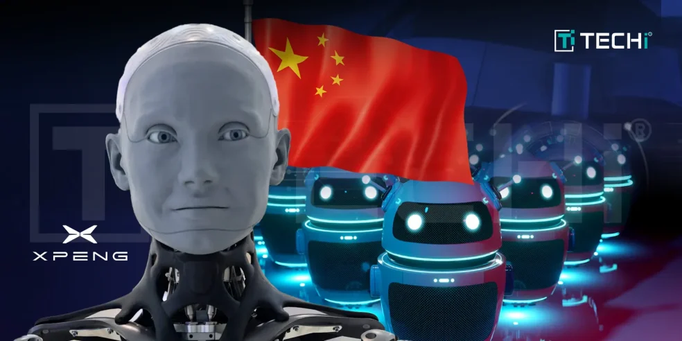 XPeng's humanoid robot in front of the Chinese flag, symbolizing China's push into AI and automation with advanced robotics.
