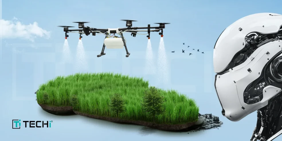 AI-powered drone spraying crops with a futuristic robotic AI figure observing, symbolizing the integration of artificial intelligence and drones in modern agriculture.