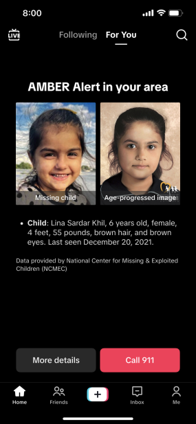 TikTok Amber Alert showing details of a missing child