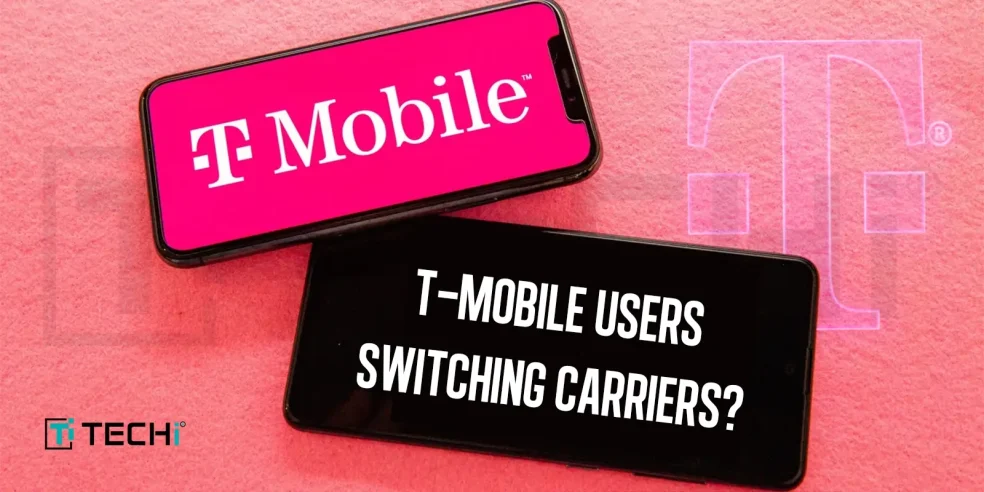 Two smartphones displaying T-Mobile branding and a message questioning if T-Mobile users are switching carriers."