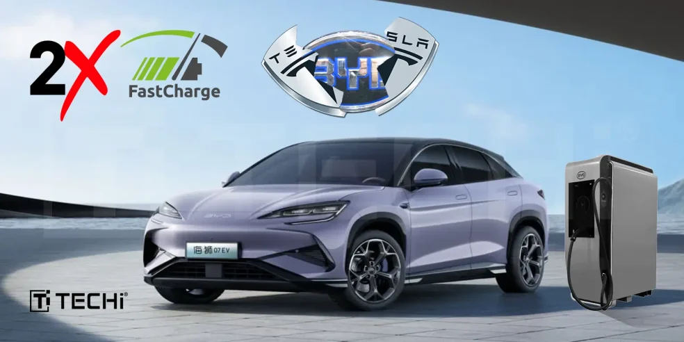 BYD’s 1,000-kW fast charger with an electric vehicle, highlighting its speed advantage over Tesla’s Supercharger.