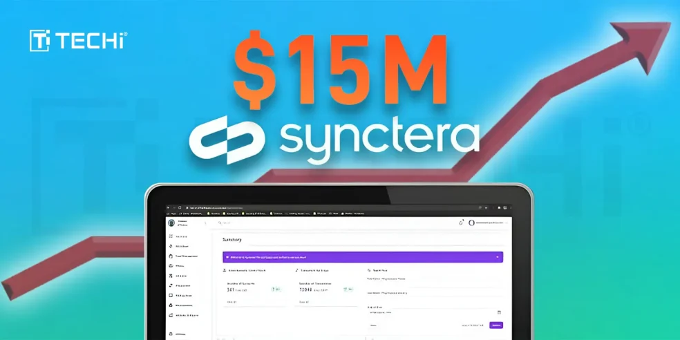 Synctera announces $15M funding round with an upward growth arrow, highlighting its expansion in the Banking as a Service (BaaS) sector.