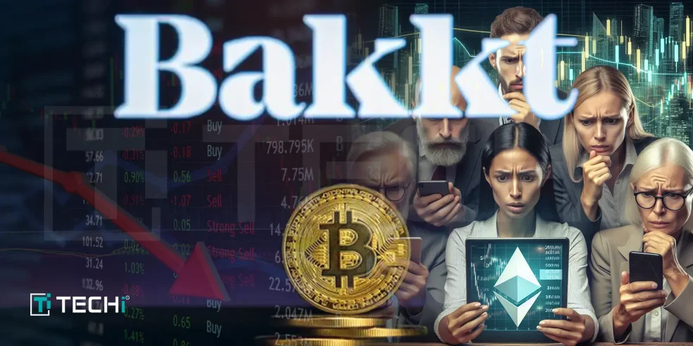 Bakkt stock crash with Bitcoin and Ethereum symbols, investors reacting to financial losses amid a market downturn.