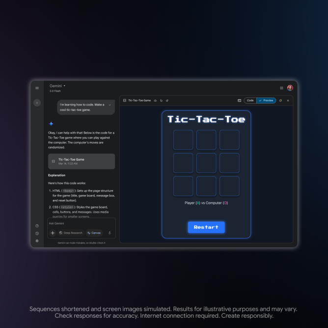 Gemini Canvas interface showing Tic-Tac-Toe game code preview.
