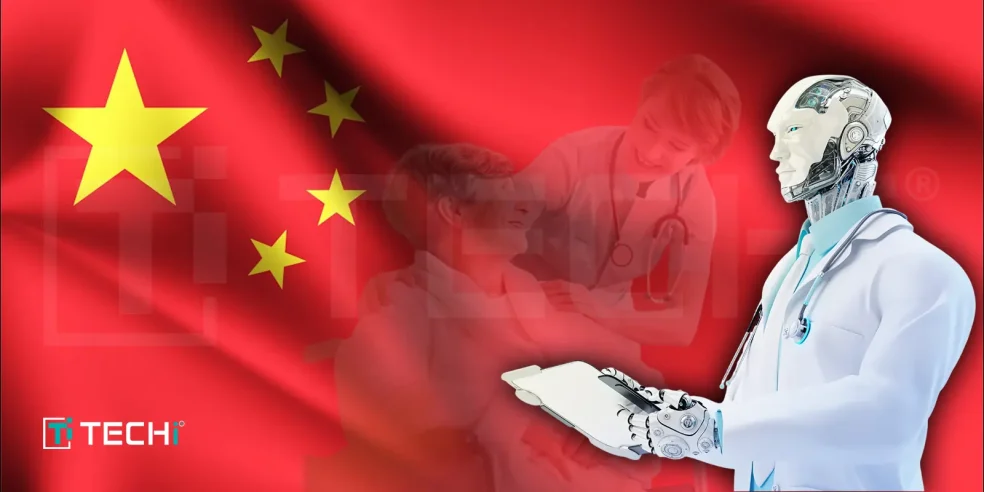 A futuristic AI-powered doctor with a clipboard stands against the backdrop of the Chinese flag, symbolizing China's use of artificial intelligence in elderly healthcare services. A blurred image of a doctor assisting an elderly patient highlights the integration of AI in caregiving.