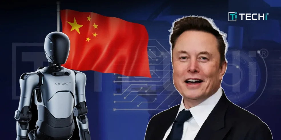 Agibot humanoid robot alongside Elon Musk with the Chinese flag in the background, symbolizing China’s competition with Tesla’s Optimus in the robotics race.