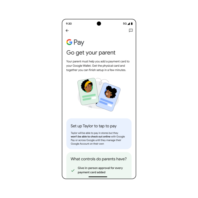 Google Wallet for Kids setup screen showing parental approval process for adding a payment card