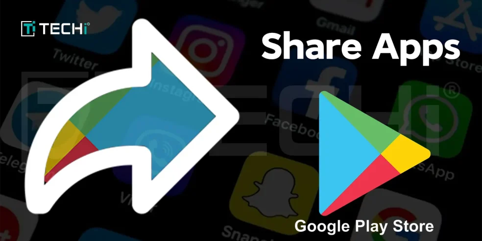 A large share icon and Google Play Store logo against a blurred background of app icons, symbolizing the removal of the Play Store's app-sharing feature.