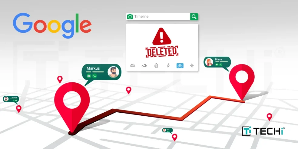 Google Maps timeline glitch showing location pins and a deleted warning notification, indicating lost user data.