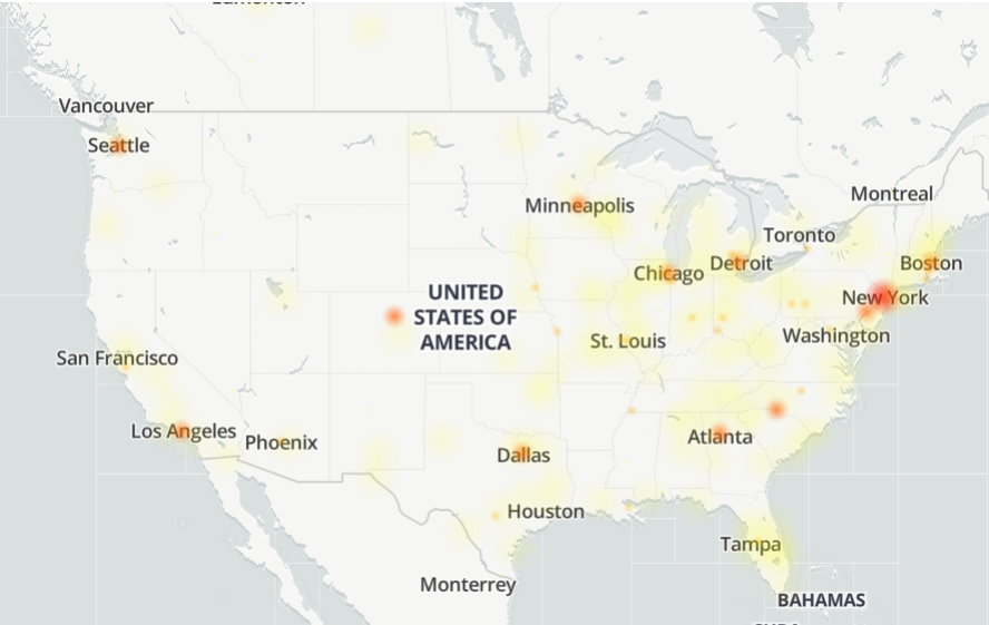 A heat map showing Snapchat outage reports across the United States