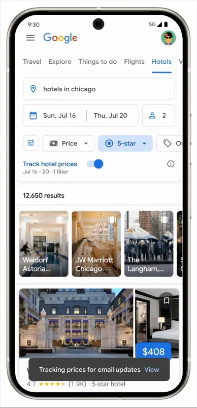 Google hotel search showing price tracking toggle for email alerts.
