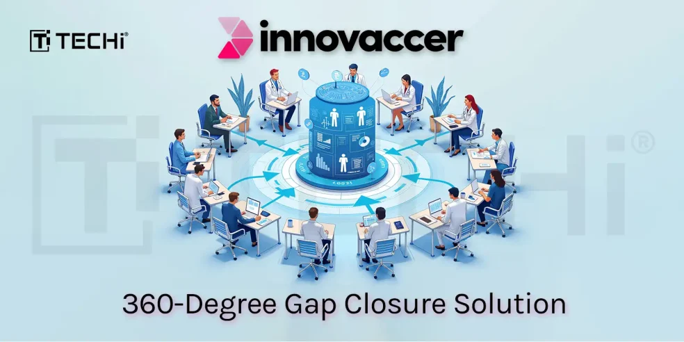 Illustration of healthcare professionals using AI-driven analytics for patient data management, showcasing Innovaccer’s 360-Degree Gap Closure Solution.
