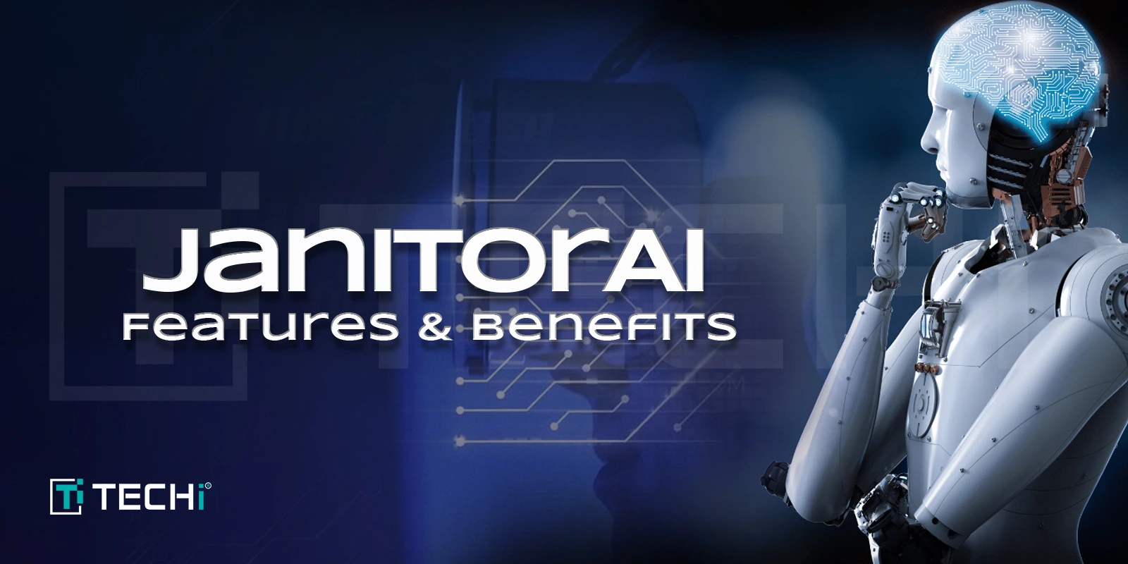 Janitor AI chatbot robot illustration analyzing data with the headline "Janitor AI: Features & Benefits