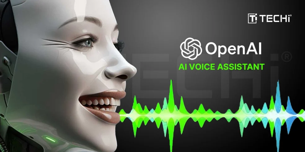 Graphic illustration featuring a smiling humanoid robot with soundwave visuals and the OpenAI logo, highlighting OpenAI's advanced AI voice assistant.