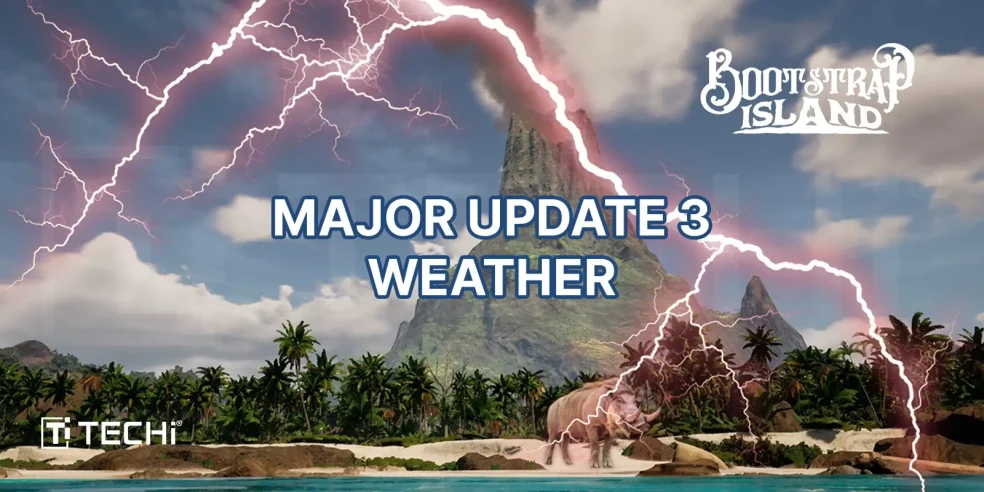 Lightning storm striking over a tropical island, featuring palm trees, a mountain peak, and a warthog, illustrating Bootstrap Island's Major Update 3 with dynamic weather.