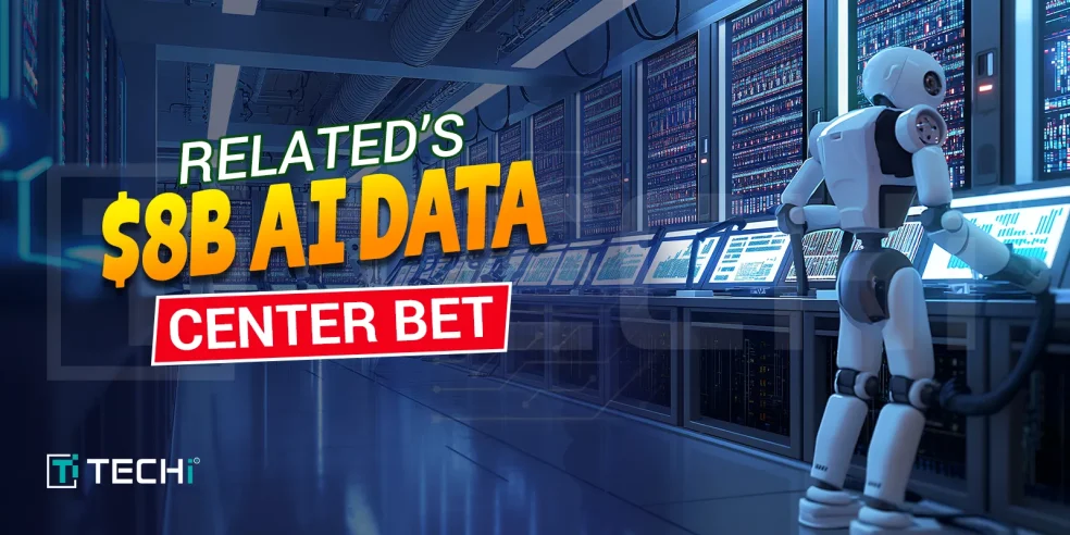 Robot monitoring data servers representing Related’s $8B AI data center investment.