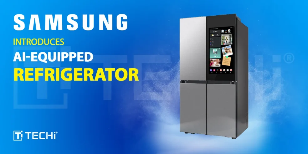 Samsung introduces AI-equipped smart refrigerator featuring an interactive touchscreen and advanced AI-powered functionalities for an upgraded kitchen experience.