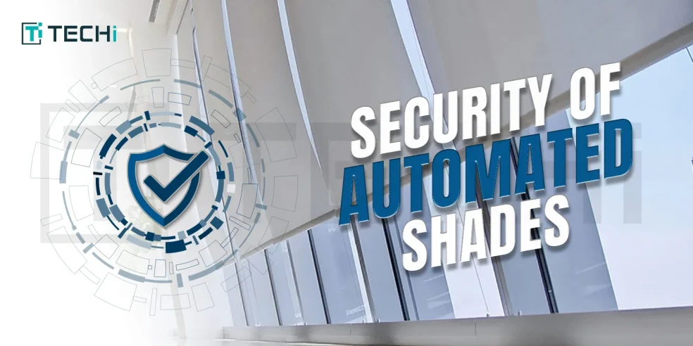 Smart automated window shades with security shield icon representing enhanced home protection.