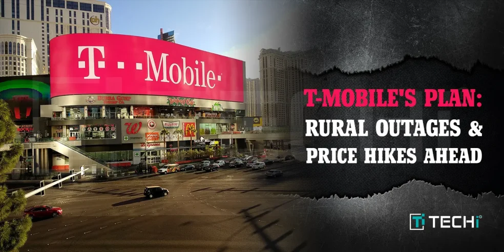 T-Mobile billboard over retail center with overlay text warning of rural outages and price hikes due to its merger plan.