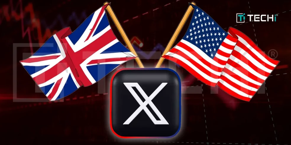 The X (formerly Twitter) logo with crossed US and UK flags, symbolizing a major outage affecting both countries. The background features a digital disruption theme, reflecting the widespread downtime reported by thousands of users.
