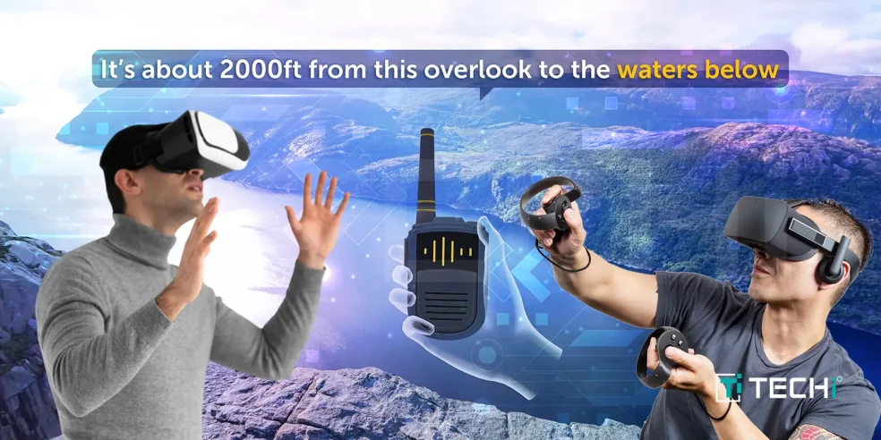 Two VR users exploring a digital recreation of Lake Tahoe in Brink Traveler, showcasing an immersive virtual reality travel experience with realistic landscapes and interactive features.