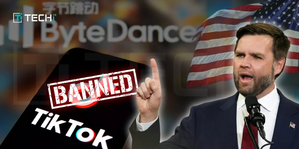 Image of U.S. Vice President J.D. Vance speaking with an American flag in the background, alongside a smartphone displaying the TikTok logo with a "BANNED" stamp and ByteDance branding.