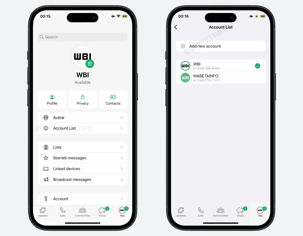 WhatsApp iOS interface showing multi-account management feature in settings.



