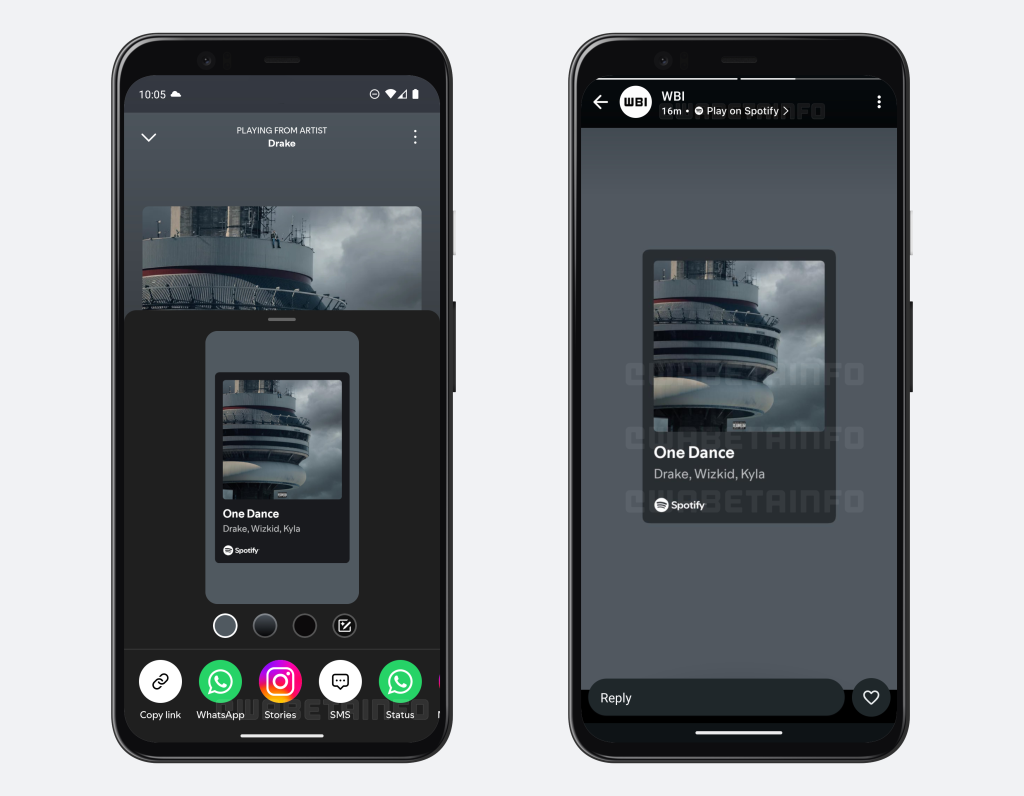 WhatsApp Spotify integration preview showing a shared song in status with a 'Play on Spotify' button