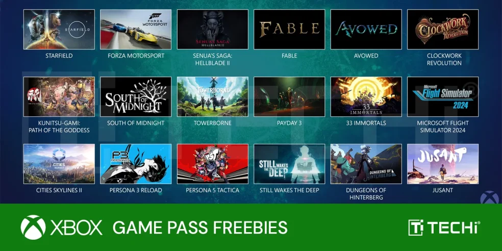 Xbox Game Pass Freebies – A showcase of free-to-play games added for Xbox Game Pass subscribers including Starfield, Forza Motorsport, Hellblade II, and more.