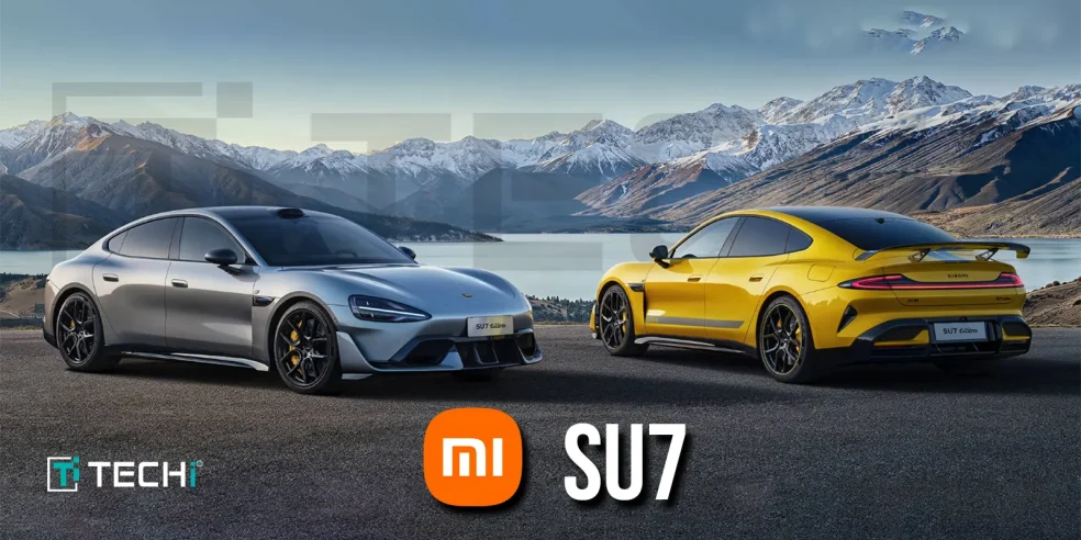 Xiaomi SU7 Ultra in silver and yellow parked against a stunning mountain backdrop, showcasing its sleek design and high-performance luxury.