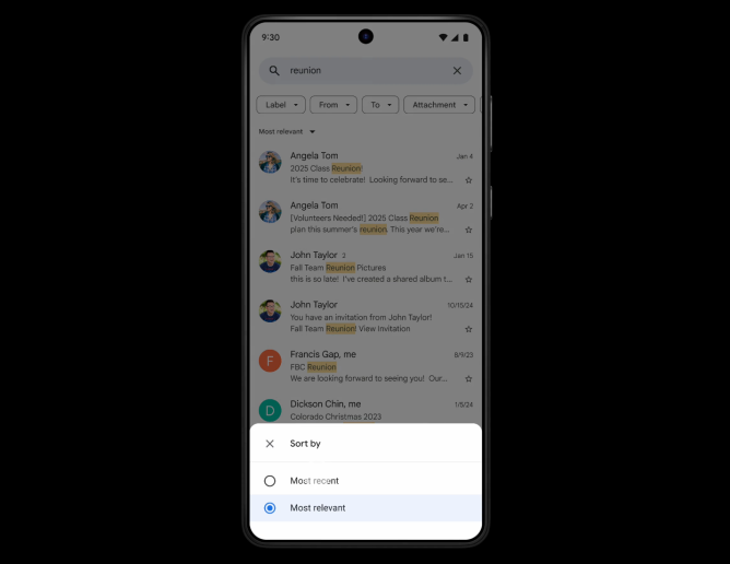 Gmail search update showing "Most Relevant" and "Most Recent" sorting options