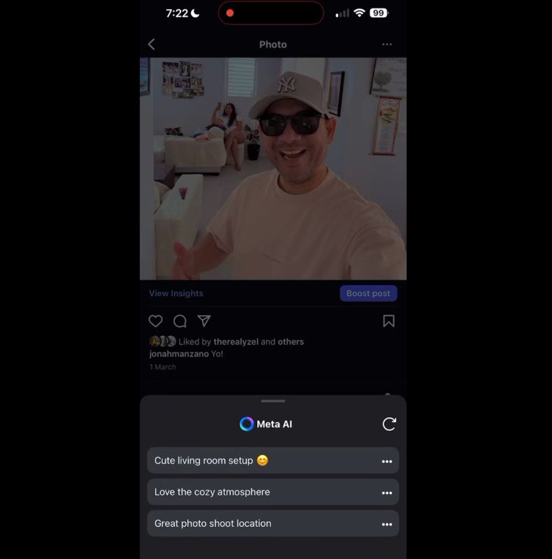 Instagram AI-generated comment suggestions displayed on a post using Meta AI.