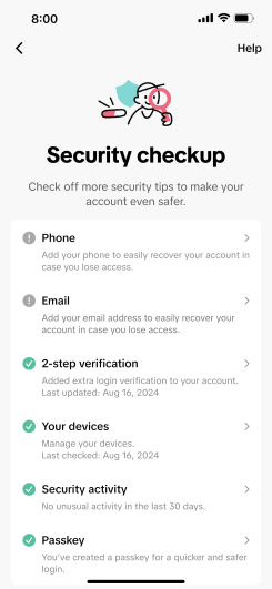 TikTok Security Checkup screen showing account safety features