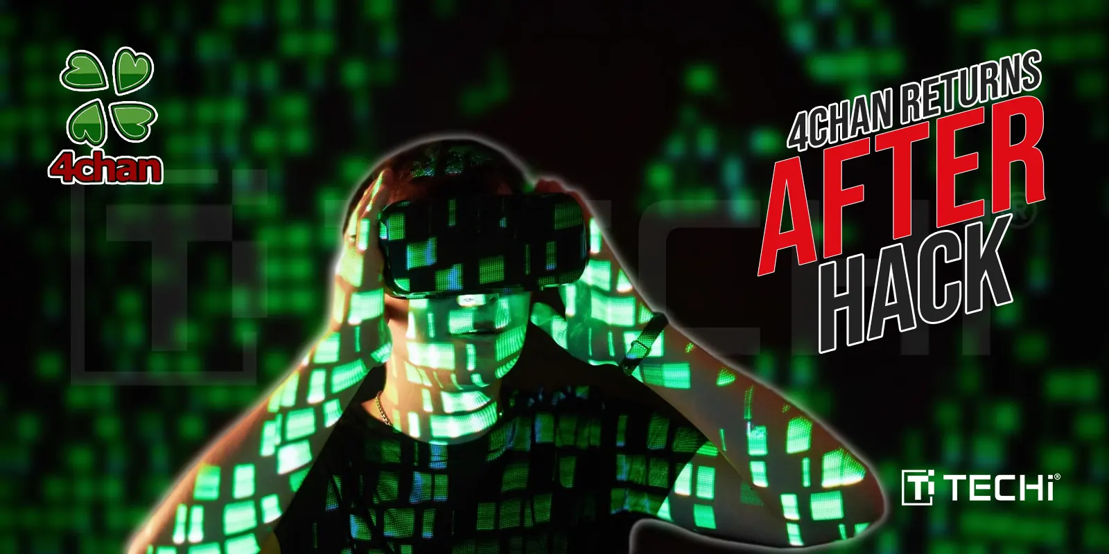 Screen display showing a hacker-themed image symbolizing 4chan’s return after a major security breach and moderators’ data leak.