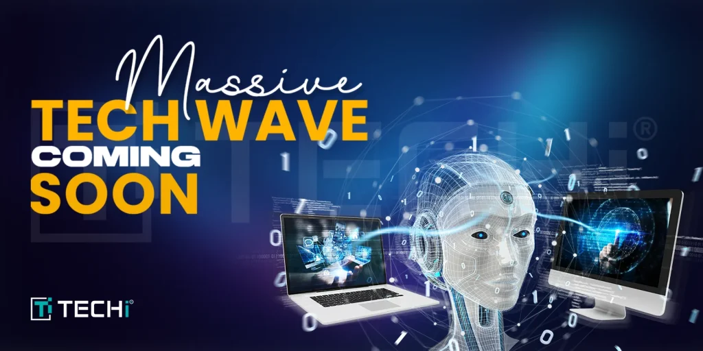 Futuristic AI robot connected to laptops and digital screens, with binary code and the words "Massive Tech Wave Coming Soon" on a tech-themed background.