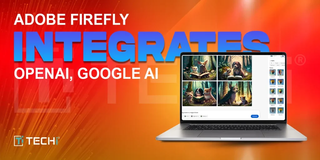 Laptop screen showing Adobe Firefly generating AI images, with text overlay "Adobe Firefly Integrates OpenAI, Google AI" on a vibrant orange-red background.