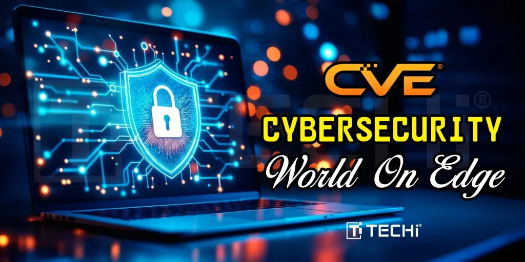 Laptop screen with a glowing digital shield representing cybersecurity, alongside CVE branding and alert message about CVE program uncertainty.