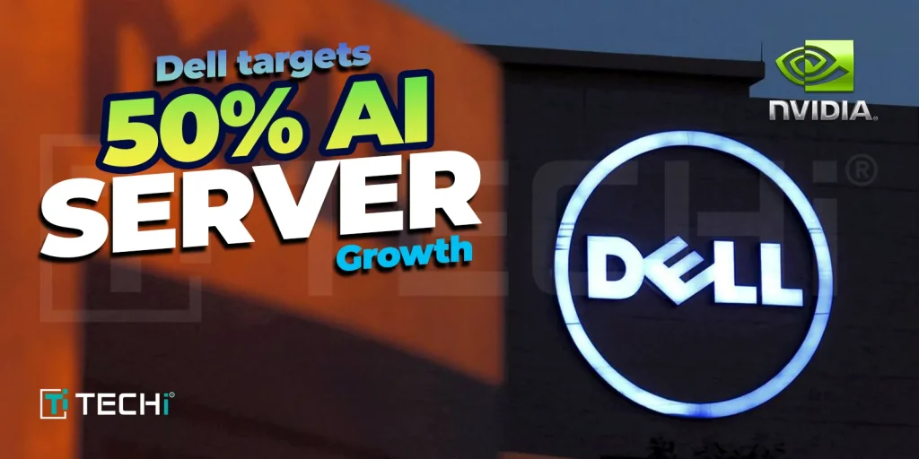 Dell building with illuminated logo, highlighting 50% AI server growth and strategic NVIDIA partnership.