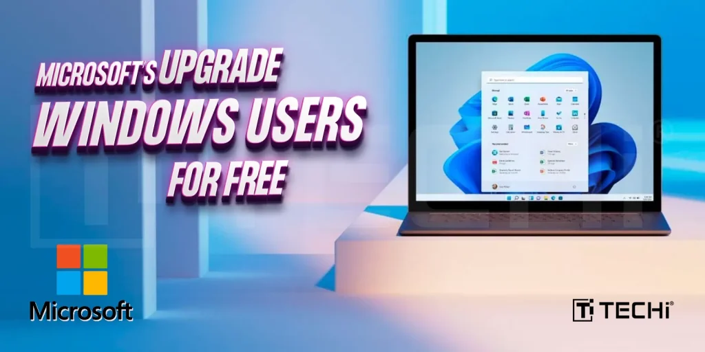 Laptop screen showing Windows 11 desktop as Microsoft promotes free upgrade for Windows users.