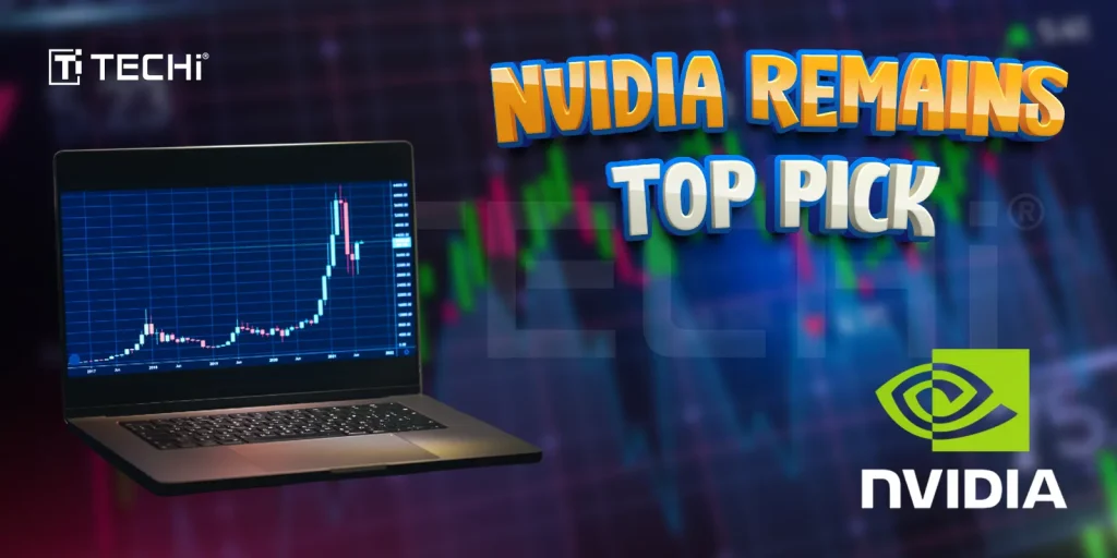 Nvidia stock chart on laptop with colorful market trends highlighting its status as a top investment pick in 2025