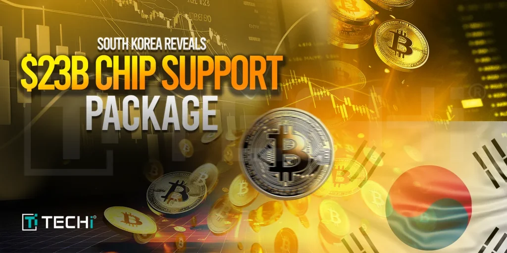 South Korea unveils $23 billion chip support package, featuring Bitcoin graphics, stock market charts, and national flag overlay.