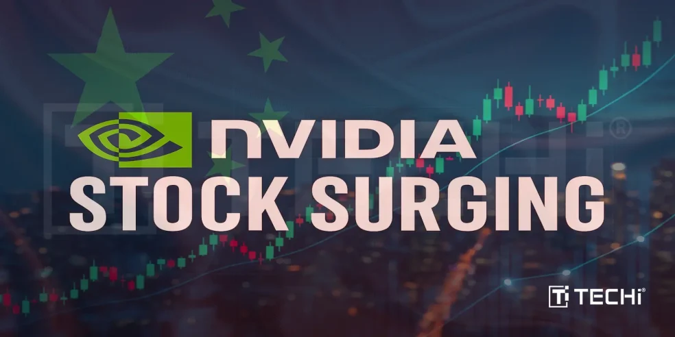 Nvidia stock surging with China news backdrop and rising market chart